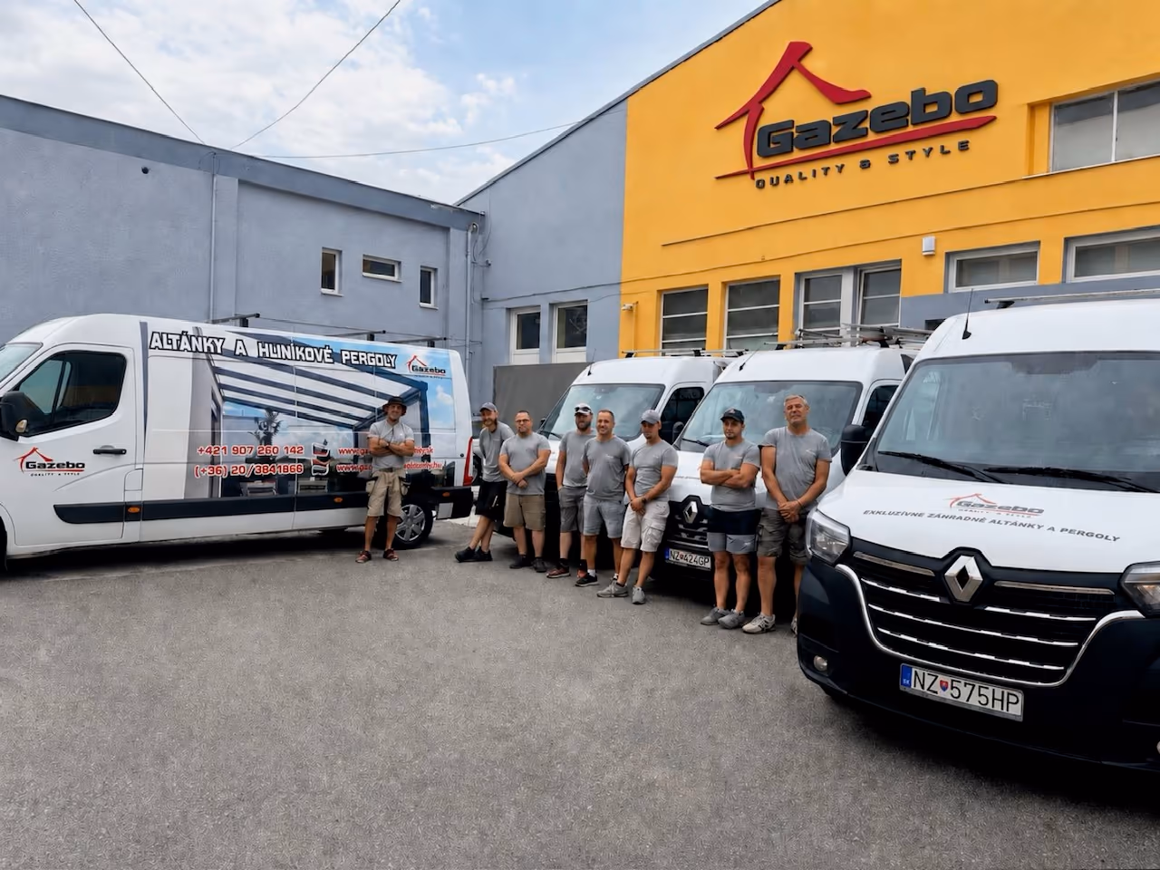 The Gazebo s.r.o. installation team in front of the company vans — custom gazebos and pergolas made in Slovakia